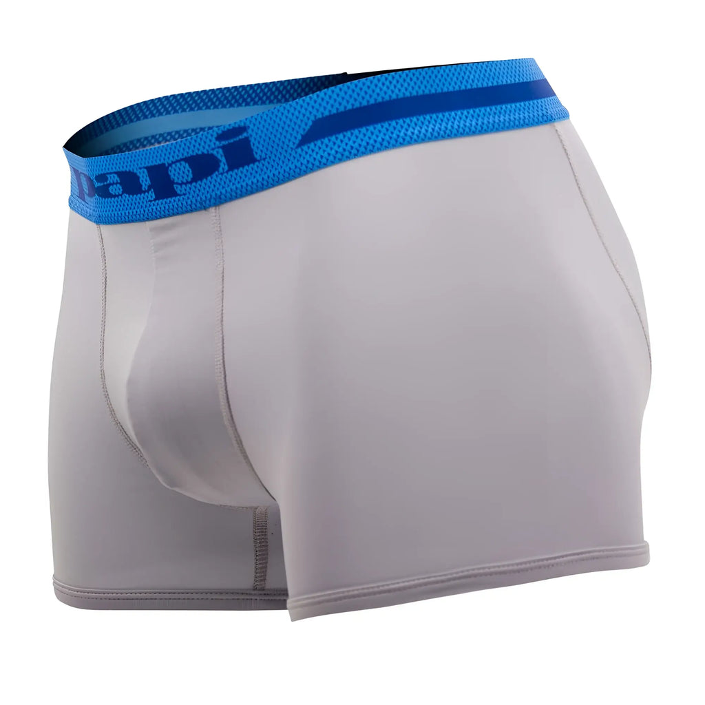 Gray briefs with blue elastic waistband featuring papi logo in microflex brazilian trunks color alloy black