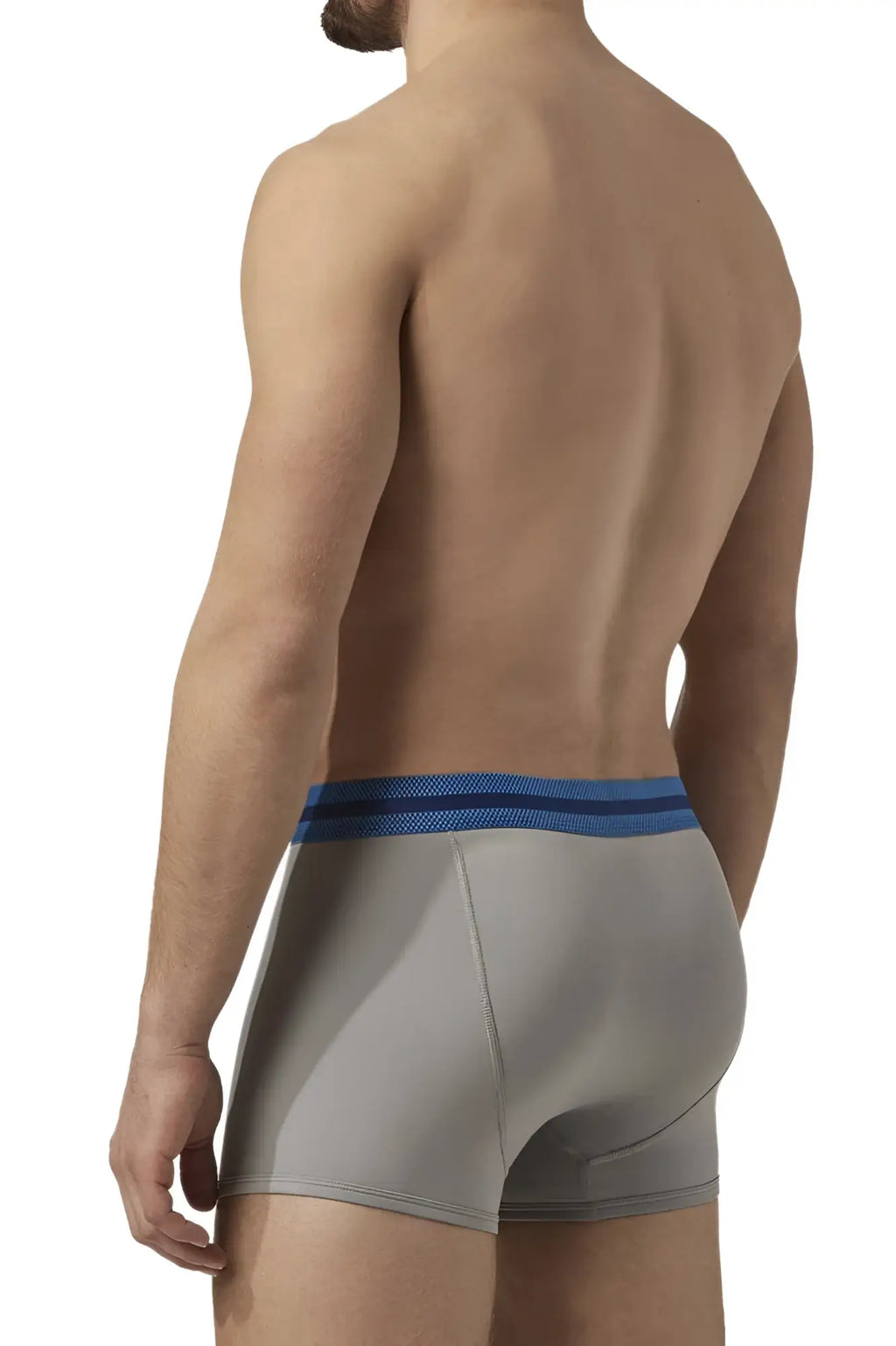 Gray men’s boxer briefs with blue mesh waistband made from microflex fabric in papi umpa080 2pk Brazilian trunks