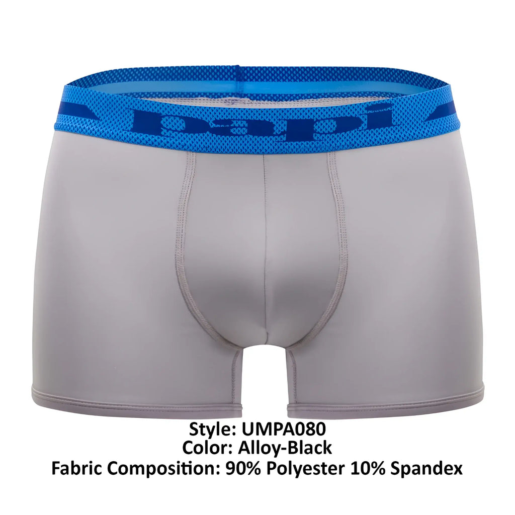 Alloy-black men’s boxer briefs with blue mesh waistband featuring papi logo in microflex brazilian trunks style