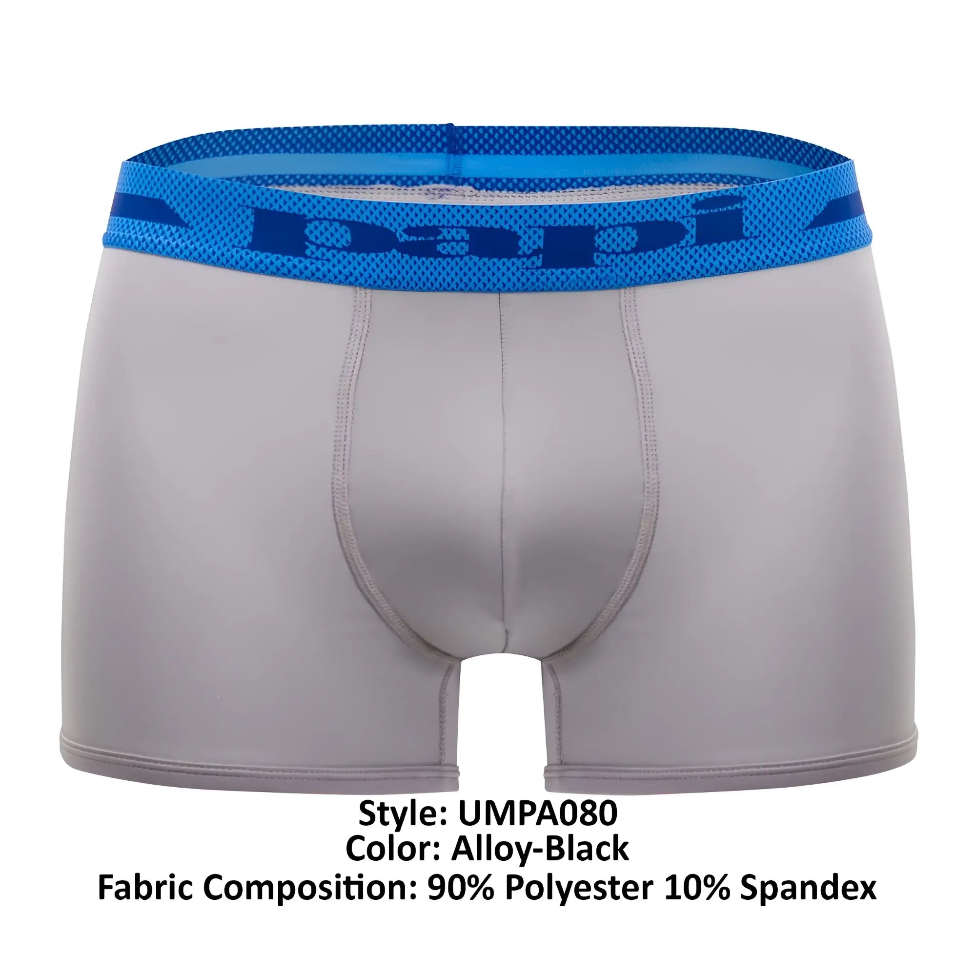Alloy-black men’s boxer briefs with blue mesh waistband featuring papi logo in microflex brazilian trunks style