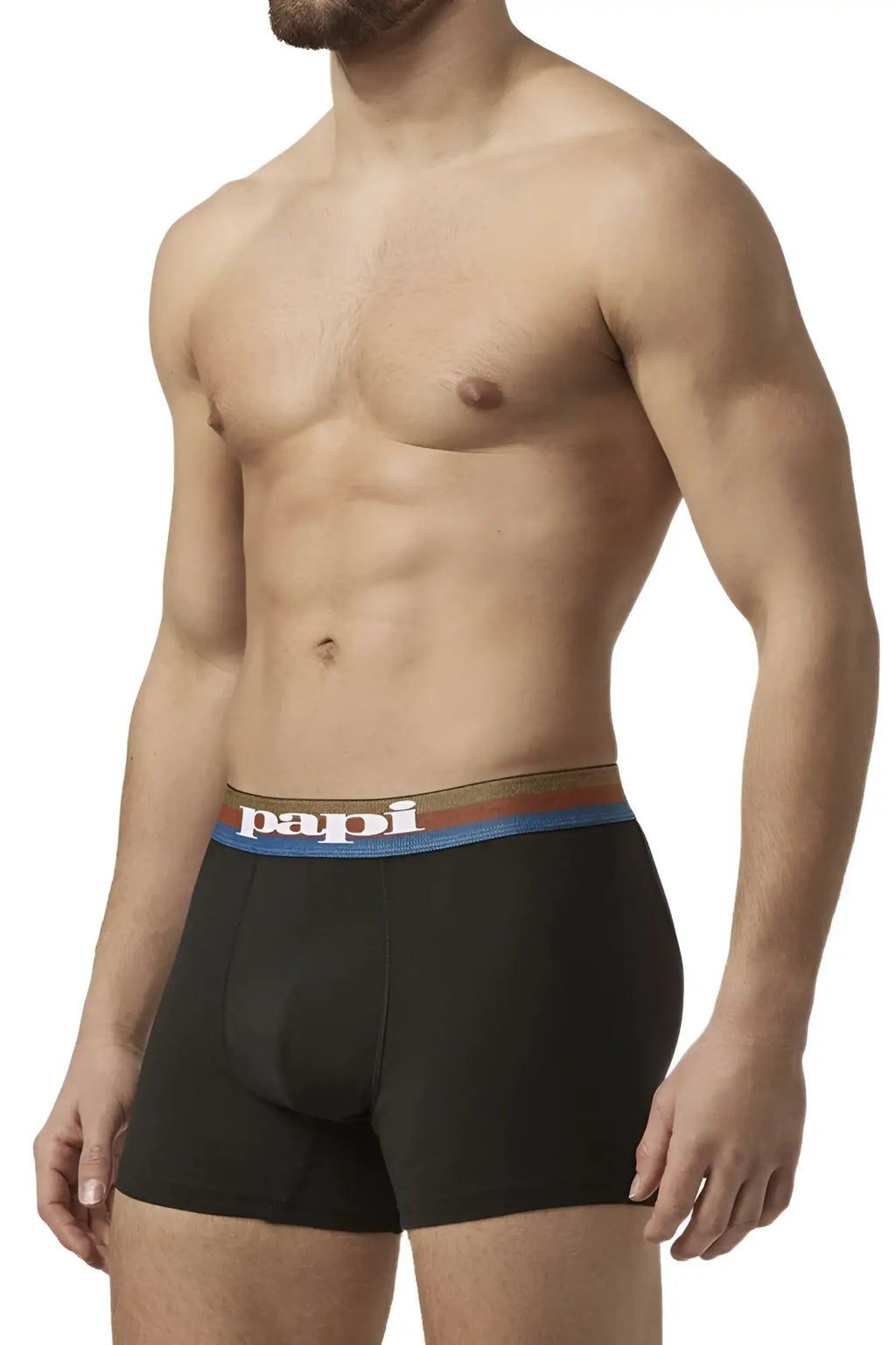 Papi UMPA088 2PK microflex Brazilian boxer briefs in blue-black with colorful striped waistband and white papi logo