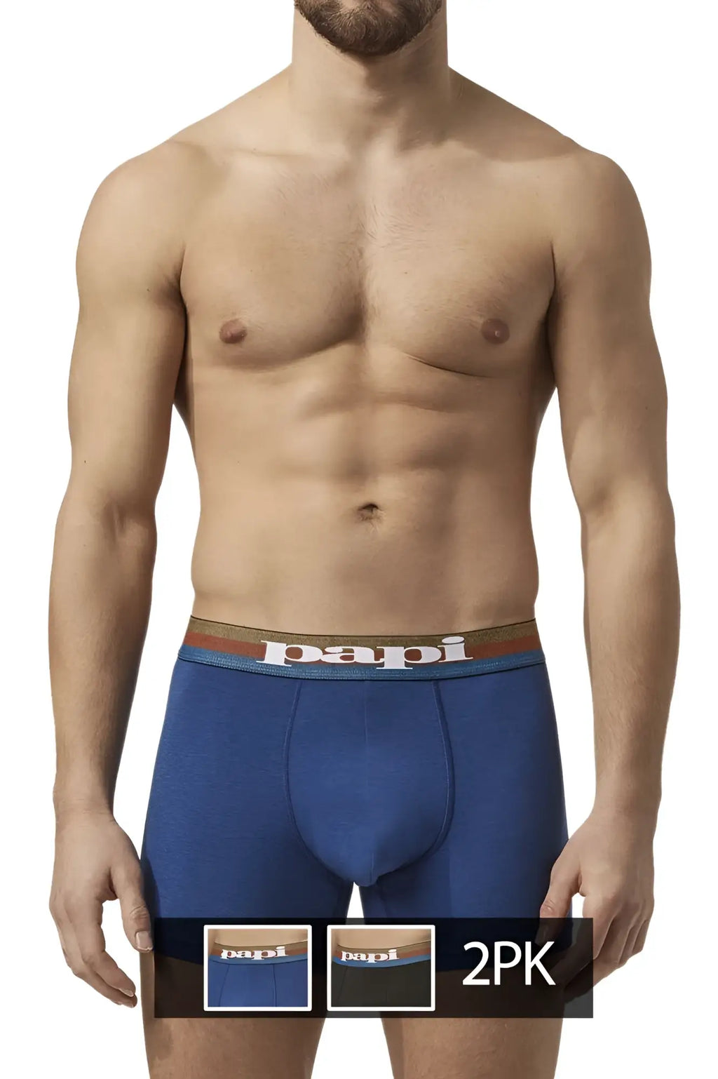 Blue Papi microflex Brazilian boxer briefs in blue and black with striped waistband showing the front side