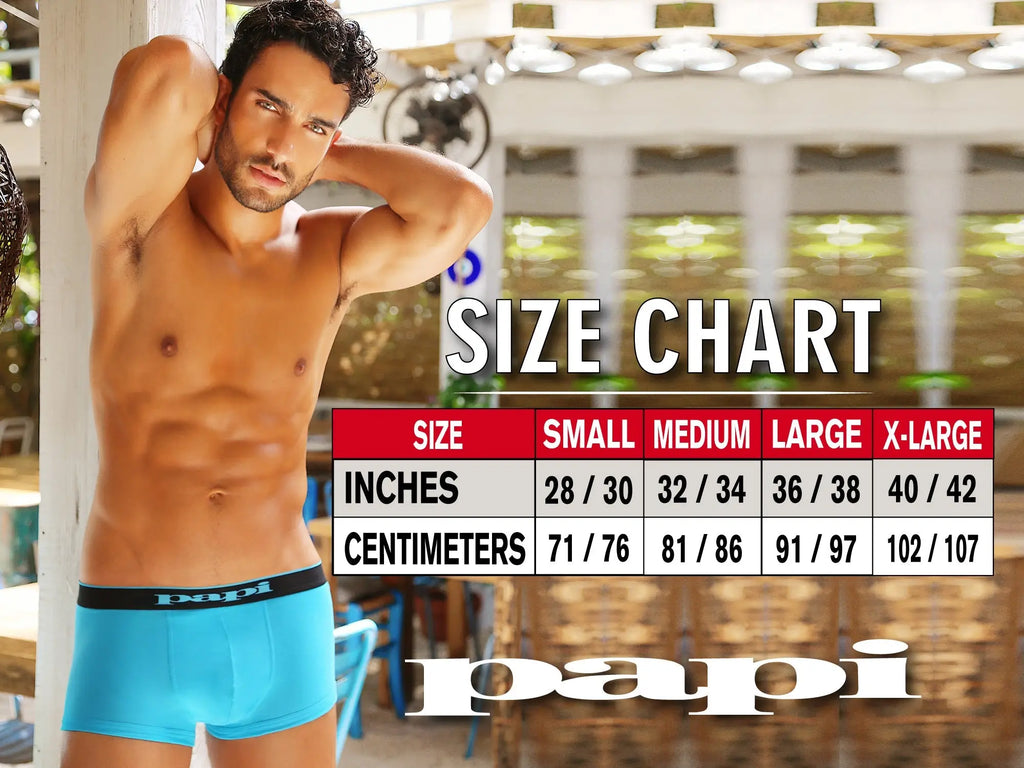 Bright blue papi microflex brazilian boxer briefs with black elastic waistband featuring papi logo front view