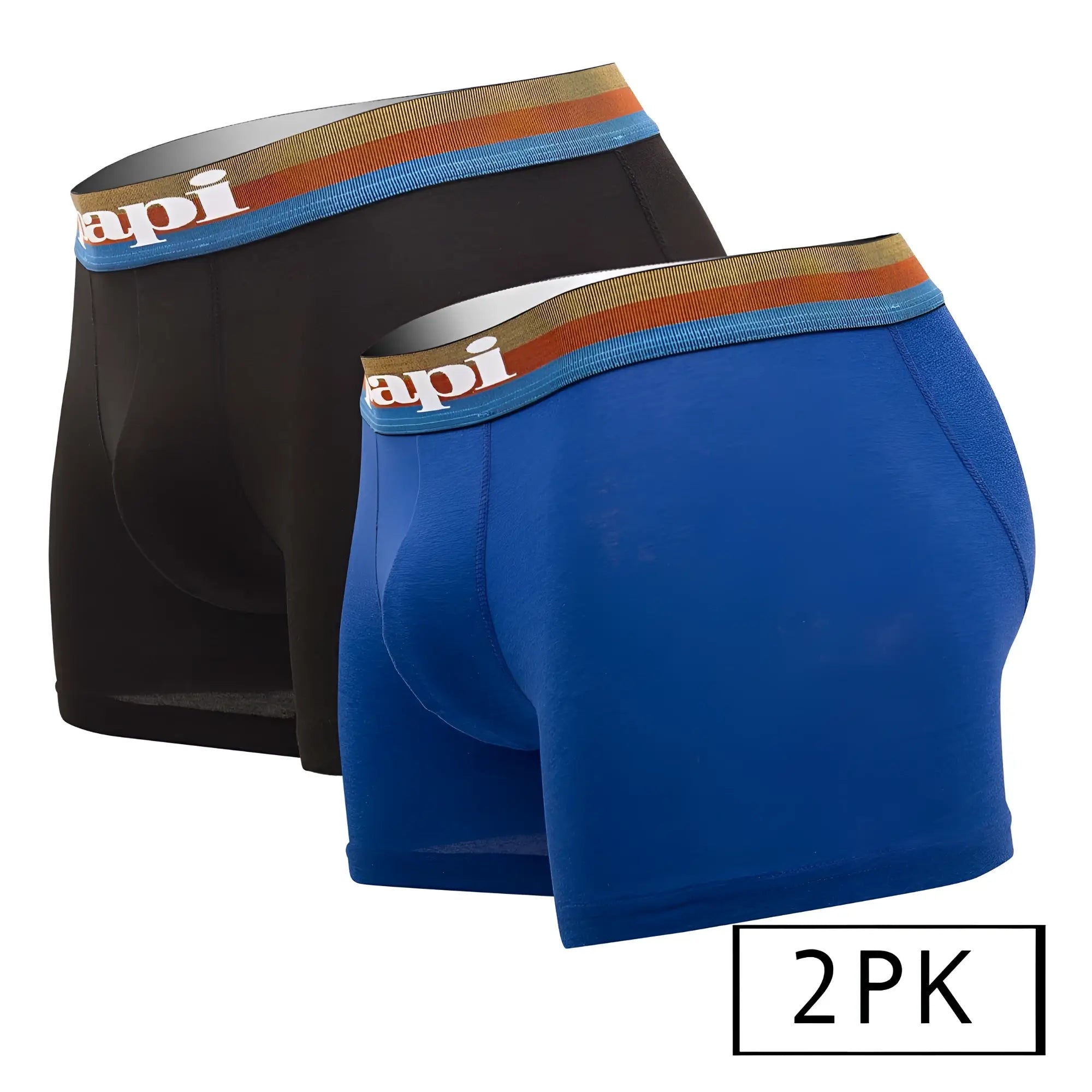 A pair of papi microflex brazilian boxer briefs in black and royal blue with striped elastic waistband and api logo