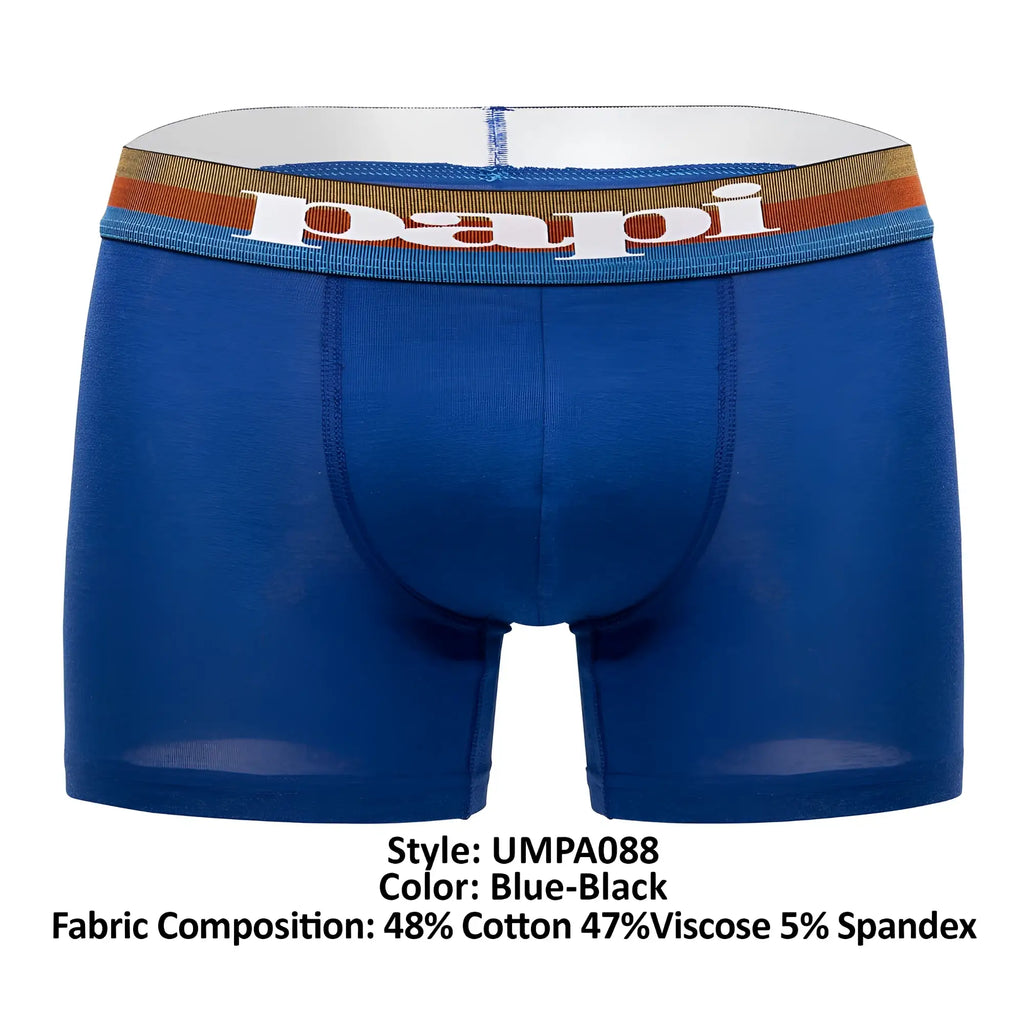 Blue-black papi microflex brazilian boxer briefs with striped waistband and white brand lettering in front view