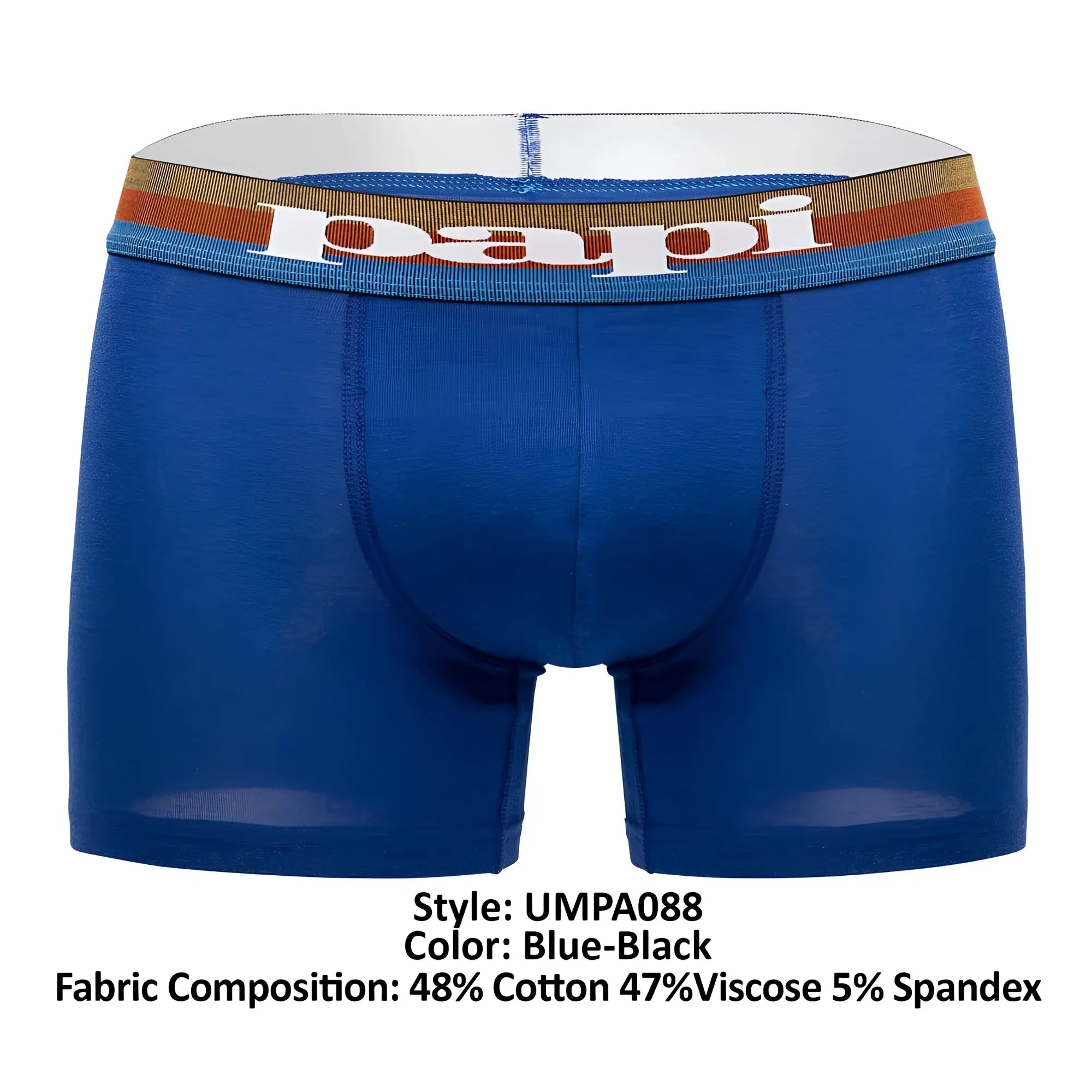 Blue-black papi microflex brazilian boxer briefs with striped waistband and white brand lettering in front view