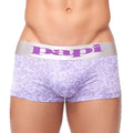Purple leopard-print men’s briefs with silver waistband and papi logo made from jaquard techno fabric size large