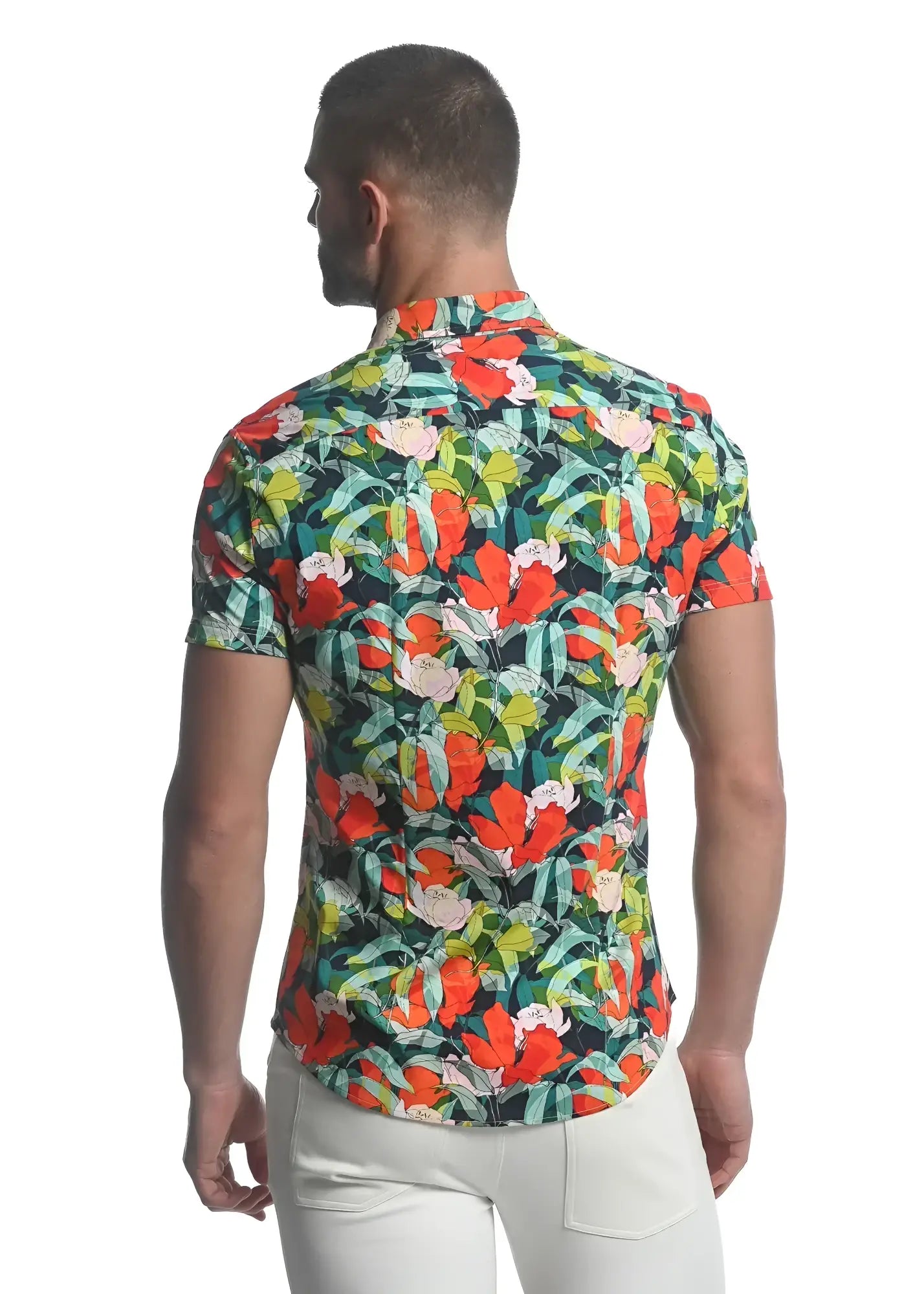 Men’s paradise stretch knit shirt short-sleeved button-up with vibrant red orange pink green tropical floral pattern on dark background