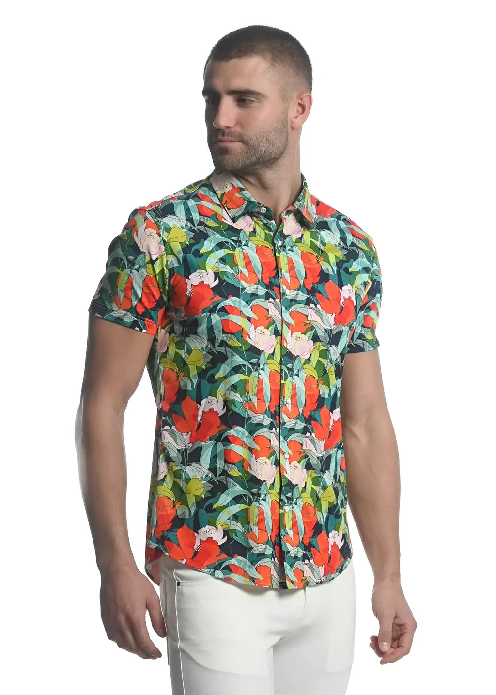 Paradise stretch knit shirt with vibrant tropical print in bold red pink and green short-sleeved button-up design