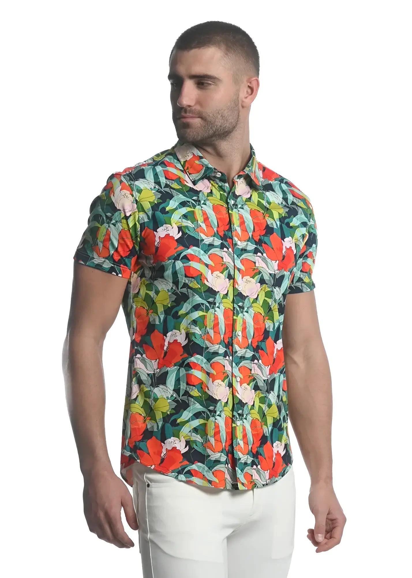 Paradise stretch knit shirt with vibrant tropical print in bold red pink and green short-sleeved button-up design