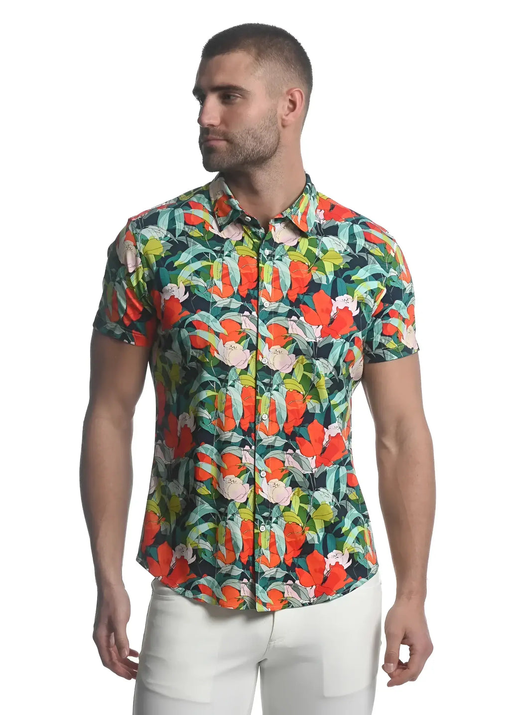 Paradise stretch knit shirt with vibrant tropical print in bold orange pink and green on dark navy short-sleeved button-up