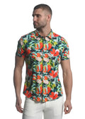 Paradise stretch knit shirt with vibrant tropical print in bold orange pink and green on dark navy short-sleeved button-up