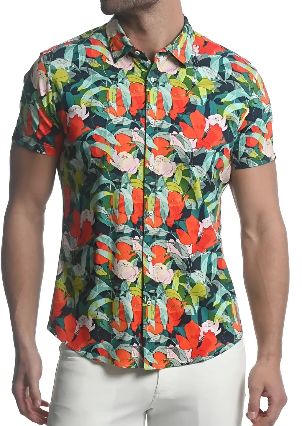 Paradise stretch knit shirt vibrant tropical short-sleeved button-up with bold orange pink flowers and dark green leaves