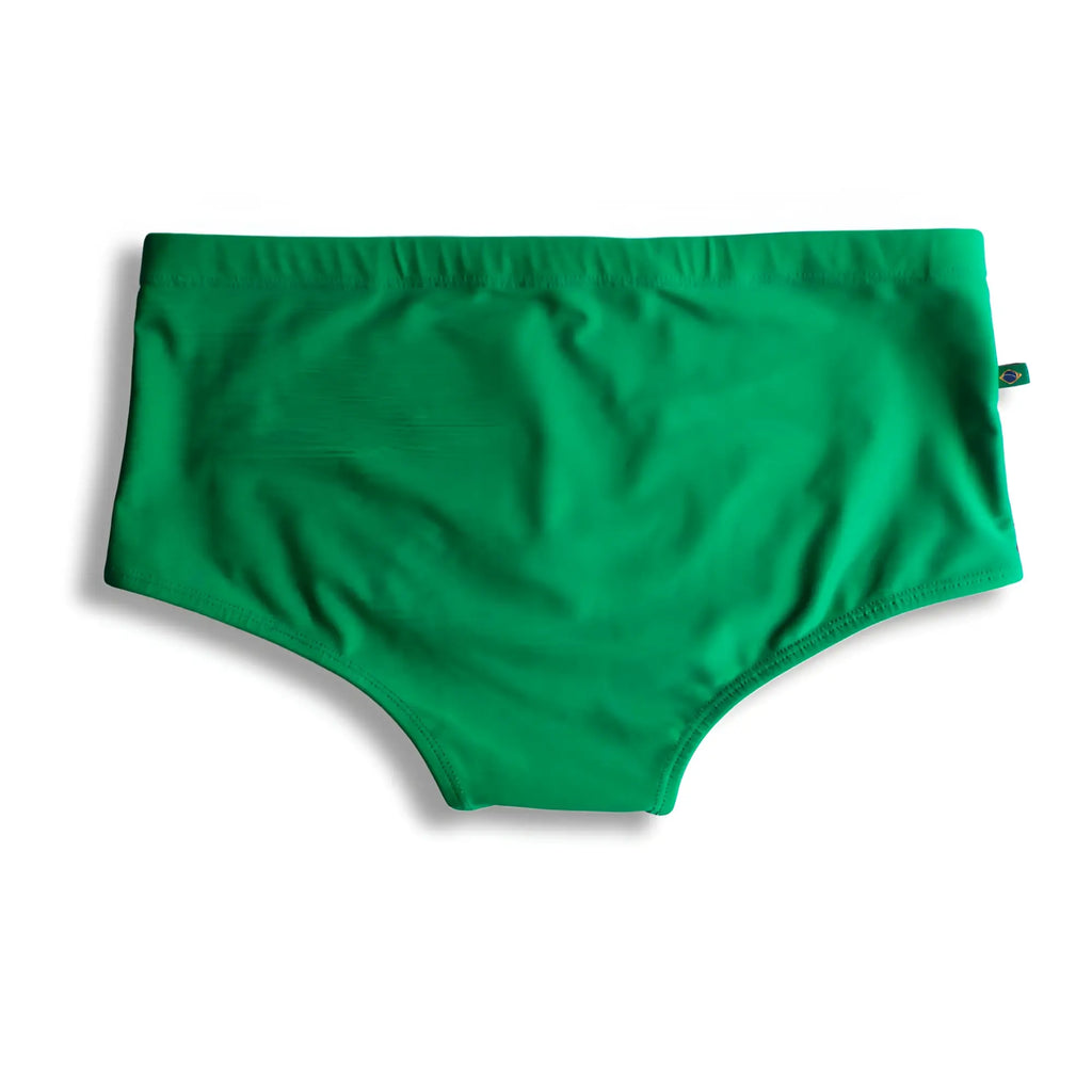 Bright green traditional cut paraná trio sunga swim shorts with smooth stretchy fabric and brazilian flag tag on side