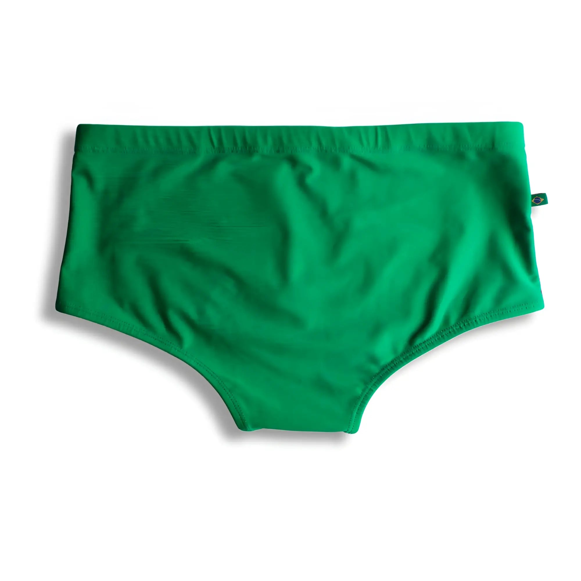 Bright green traditional cut paraná trio sunga swim shorts with smooth stretchy fabric and brazilian flag tag on side