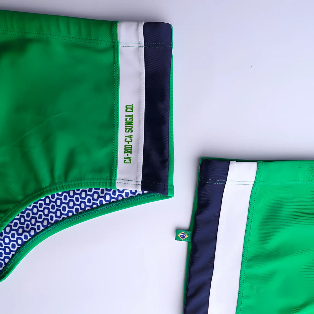 Paraná trio sunga traditional cut designer swim shorts in green and navy blue with white trim and patterned lining