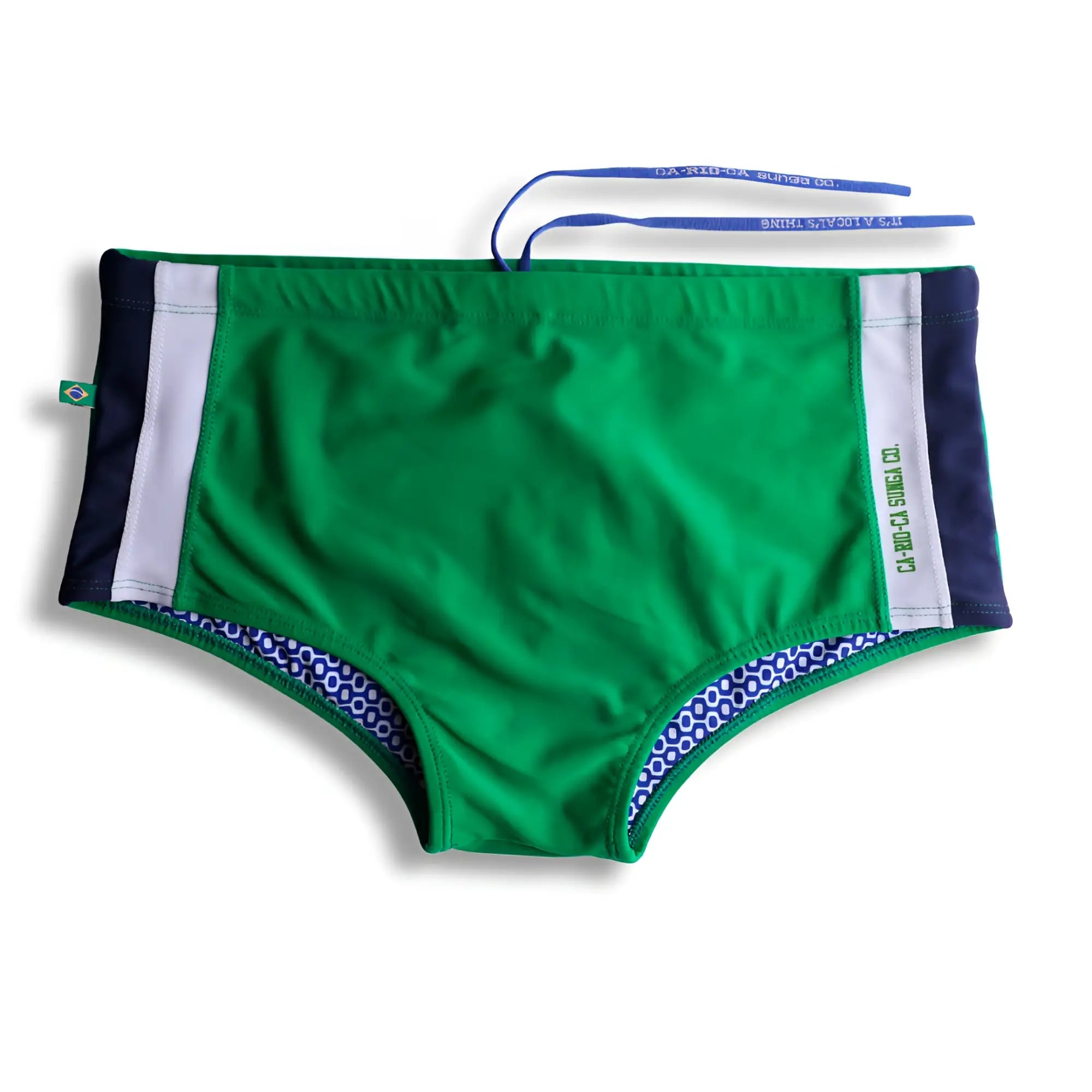 Paraná trio sunga traditional cut designer swim shorts in green and navy blue with white stripes and patterned lining