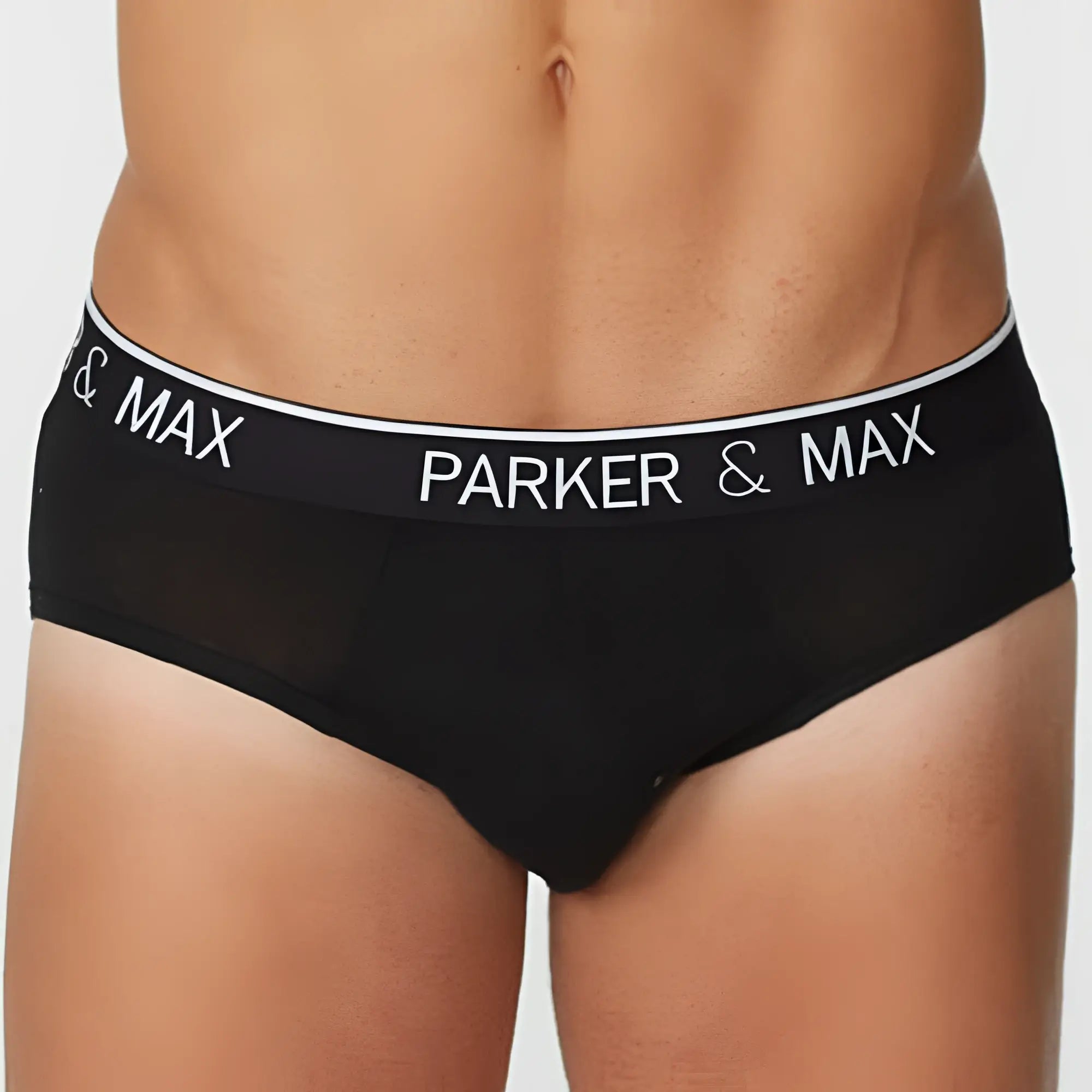 Black Parker & Max PMFP_B1 briefs with white elastic waistband featuring bold Parker & Max branding