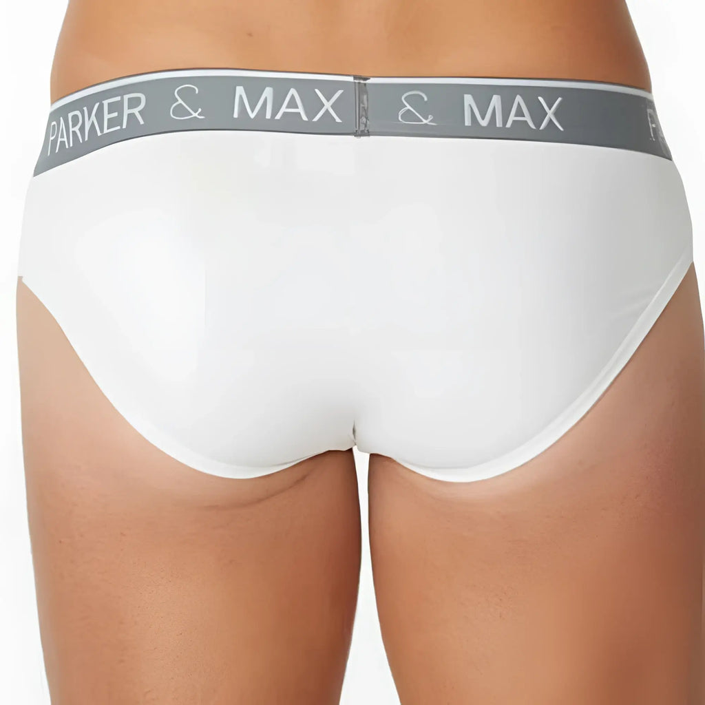 White parker & max pmfp_b1 briefs with gray waistband featuring brand name in white lettering front view