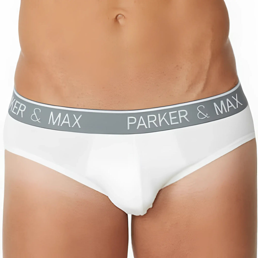 White men’s briefs with a gray elastic waistband featuring parker & max logo in white lettering pmfp_b1 brief