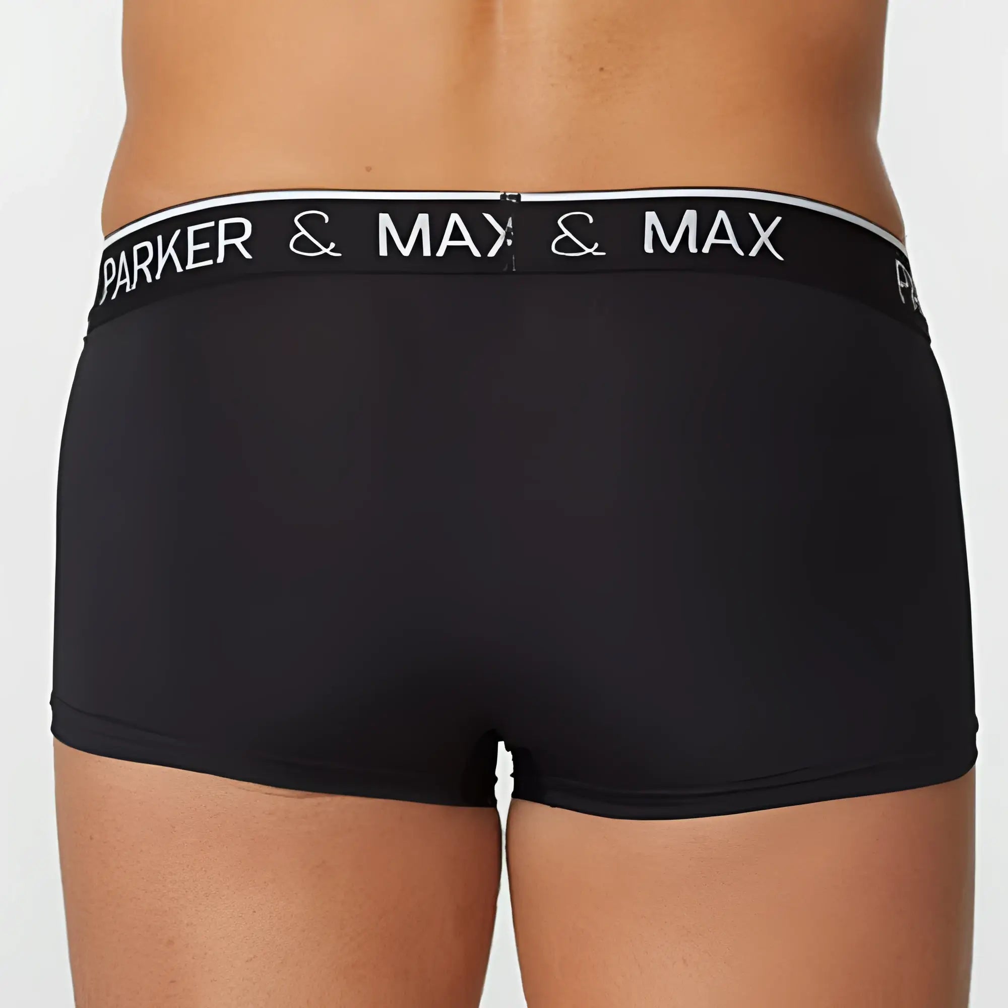 Black men’s boxer briefs with white parker and max waistband in a comfortable PMFP_T1 parker and max trunk design