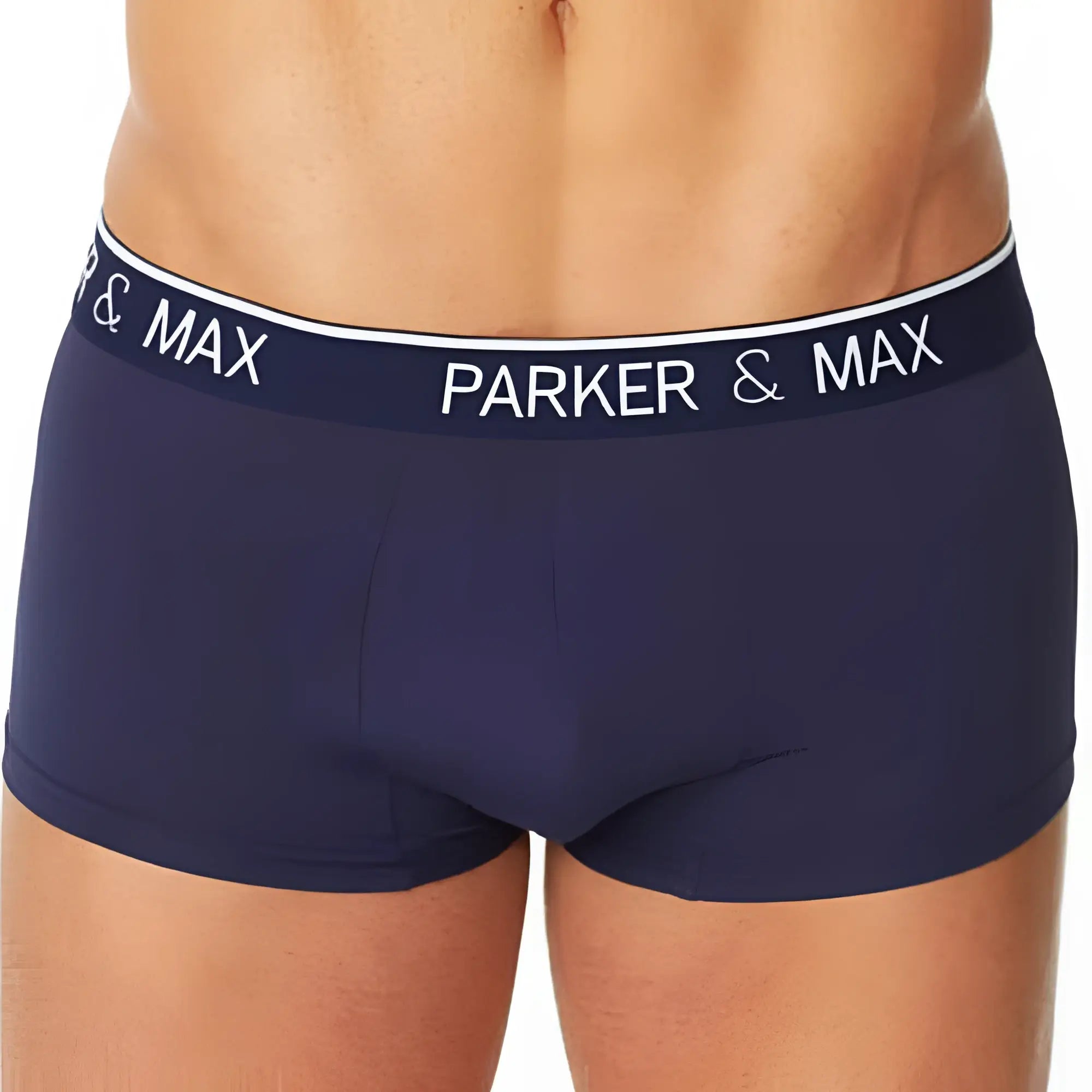Navy blue parker and max briefs with white elastic waistband featuring brand name in bold lettering parker and max boxer trunk