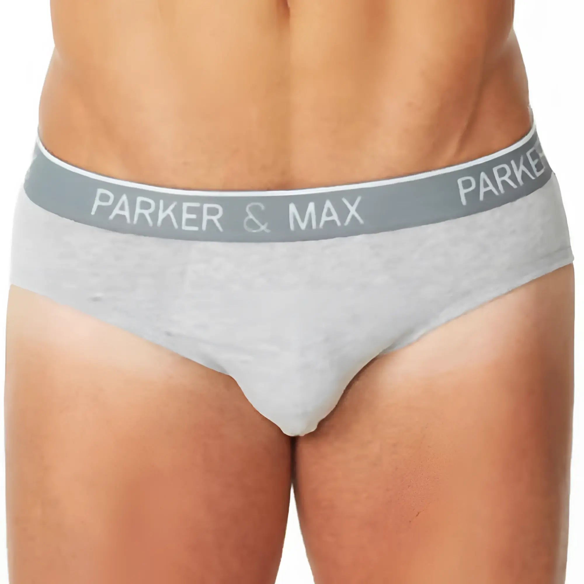 Gray heathered parker & max pmfpcs_b1 brief with matching elastic waistband featuring white logo lettering