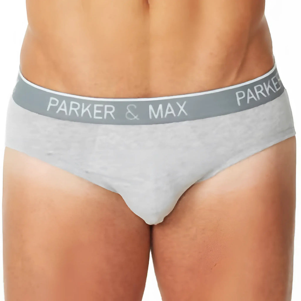 Gray heathered cotton stretch briefs with matching elastic waistband and white parker & max logo