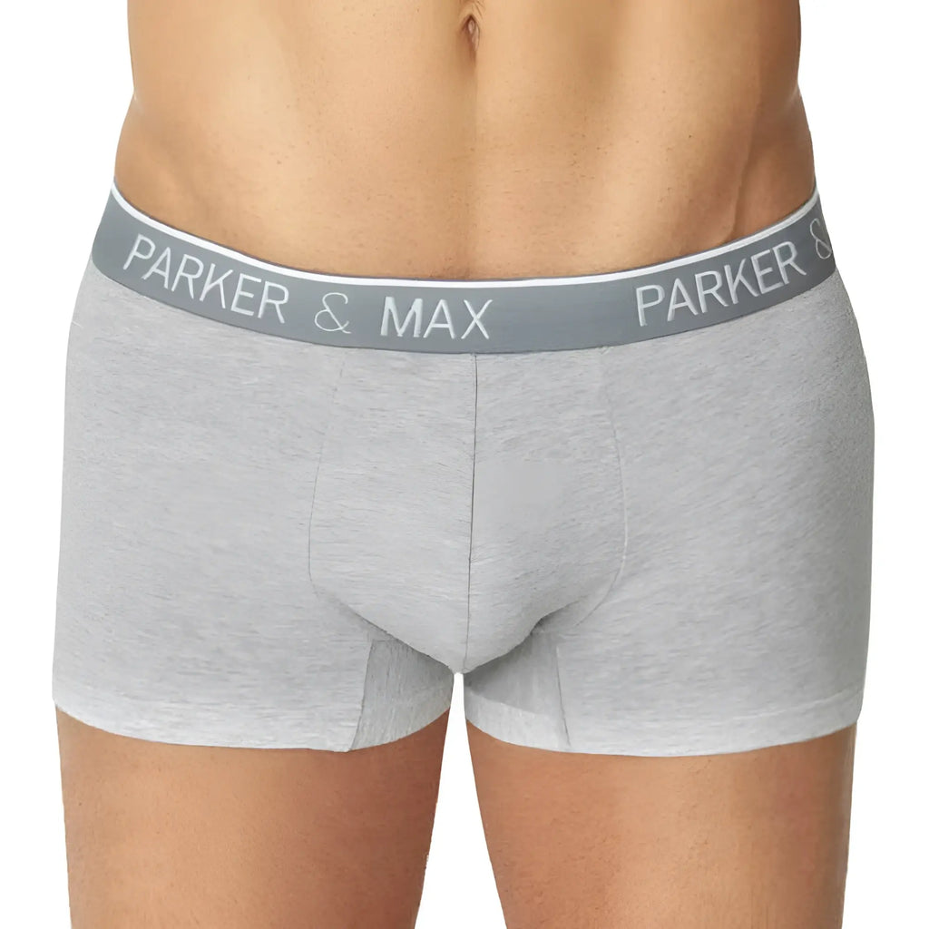 Gray heathered parker and max pmfpcs t1 boxer trunk with elastic waistband and white logo lettering