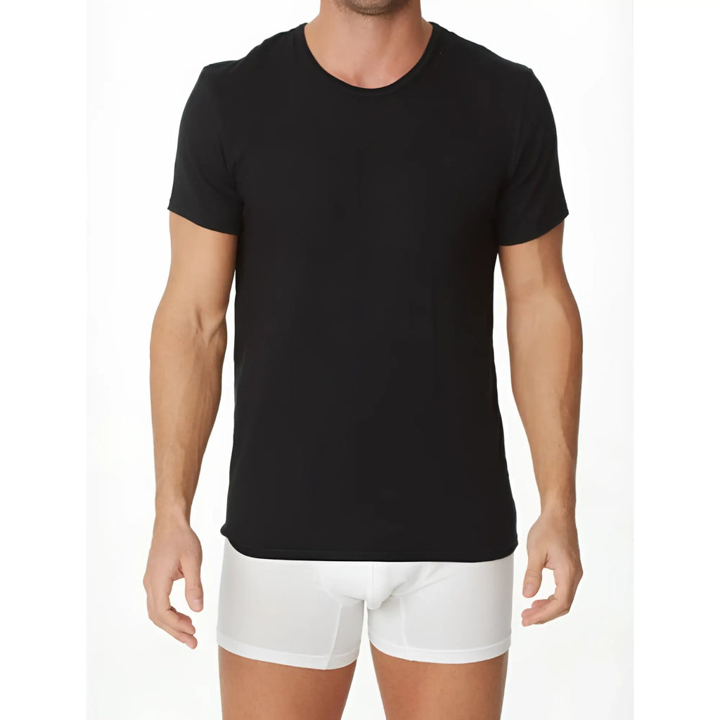 Black short-sleeved crew neck t-shirt by parker and max with soft cotton fabric for casual wear