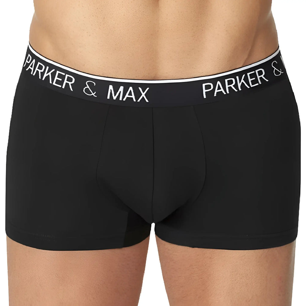 Black parker & max boxer briefs with white elastic waistband featuring brand name for comfortable everyday wear