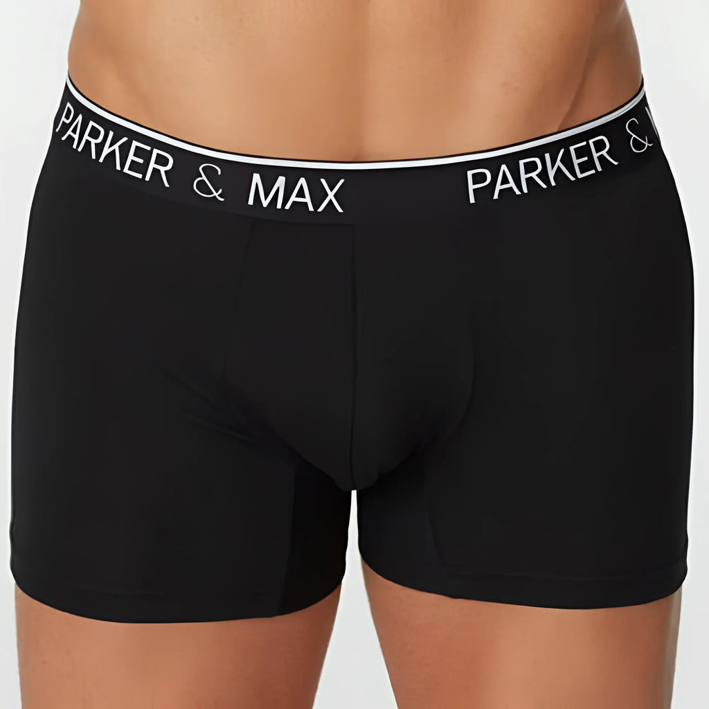 Black parker & max boxer briefs with white logo band designed for comfort and support in everyday wear