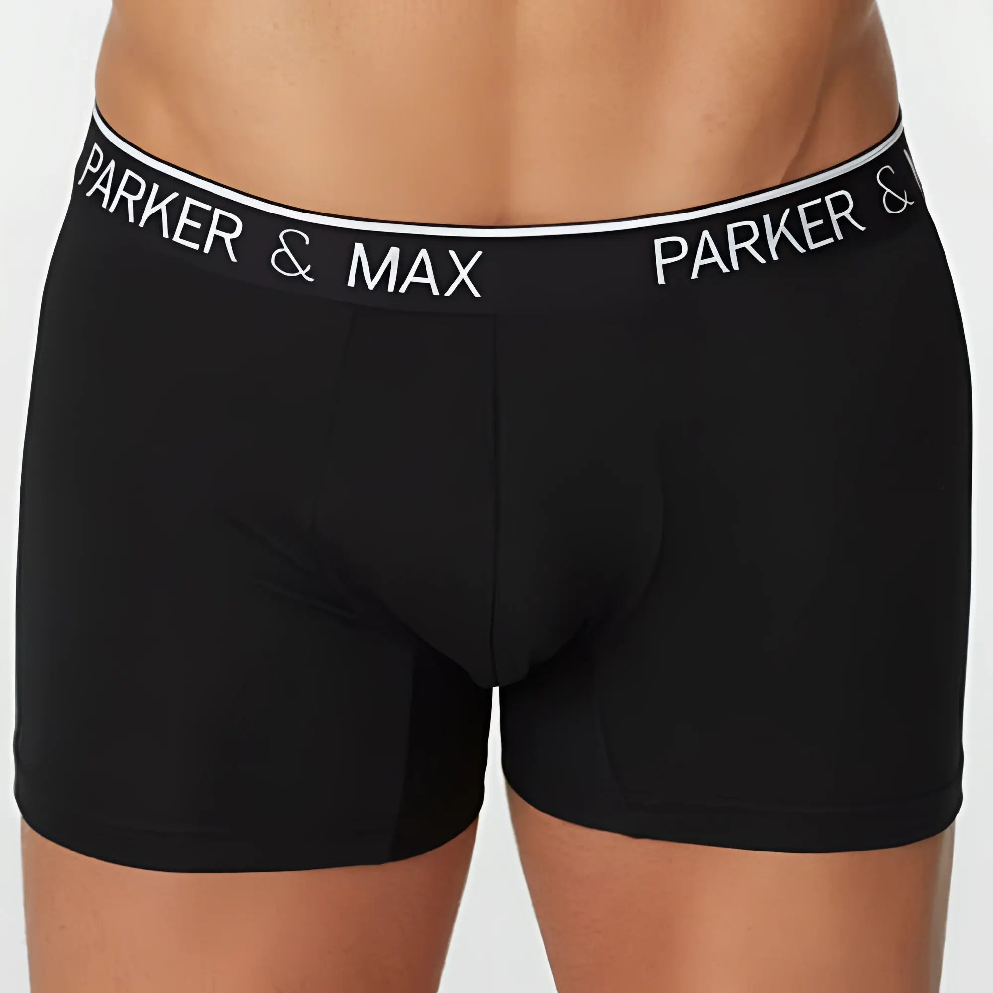 Black parker & max boxer briefs with white logo band designed for comfort and support in everyday wear