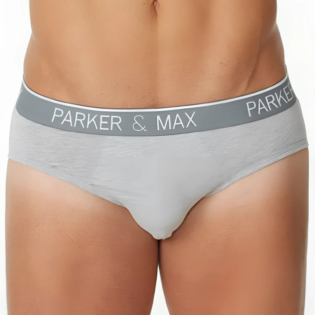 Gray heathered parker and max briefs with matching elastic waistband branded in white lettering from parker and max tshirt line