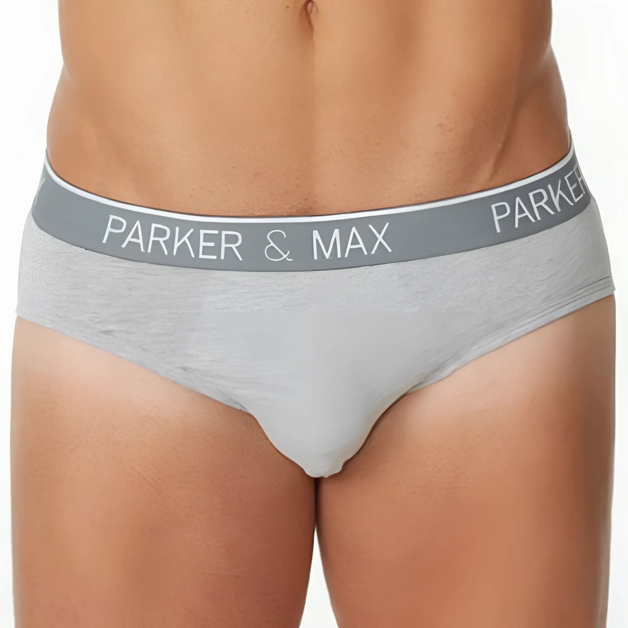 Gray heathered parker and max briefs with matching elastic waistband branded in white lettering from parker and max tshirt line