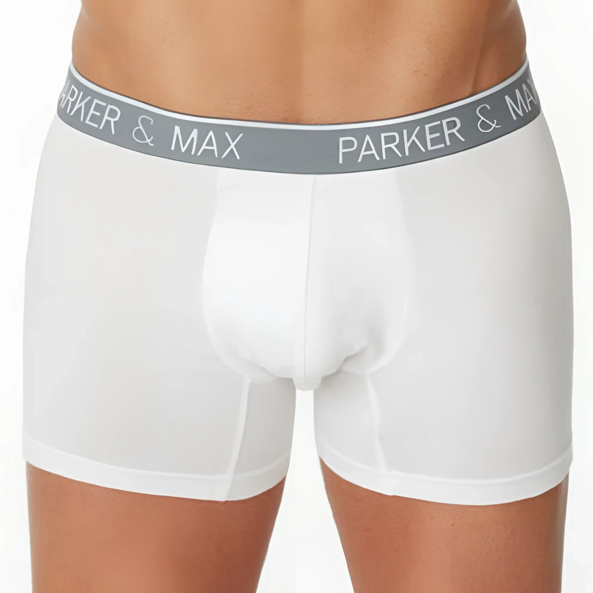 White boxer briefs with gray elastic waistband featuring parker & max logo in white lettering from Parker & Max PMFPCS_TDVN1 T-shirt line