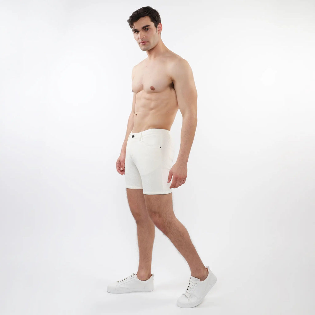 White men’s briefs parquet jacquard stretch knit short with sleek minimalist design and subtle black button accents