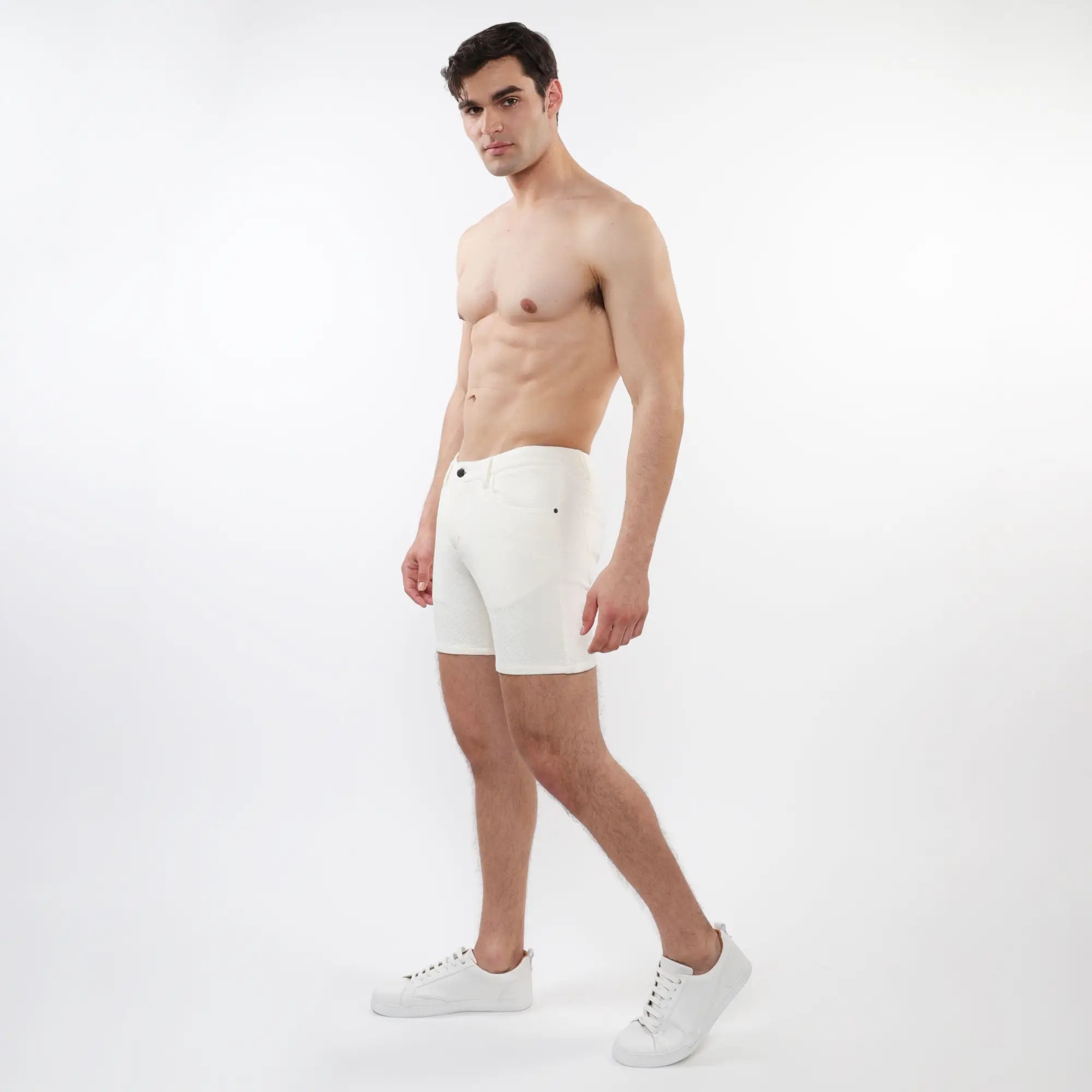 White men’s briefs parquet jacquard stretch knit short with sleek minimalist design and subtle black button accents