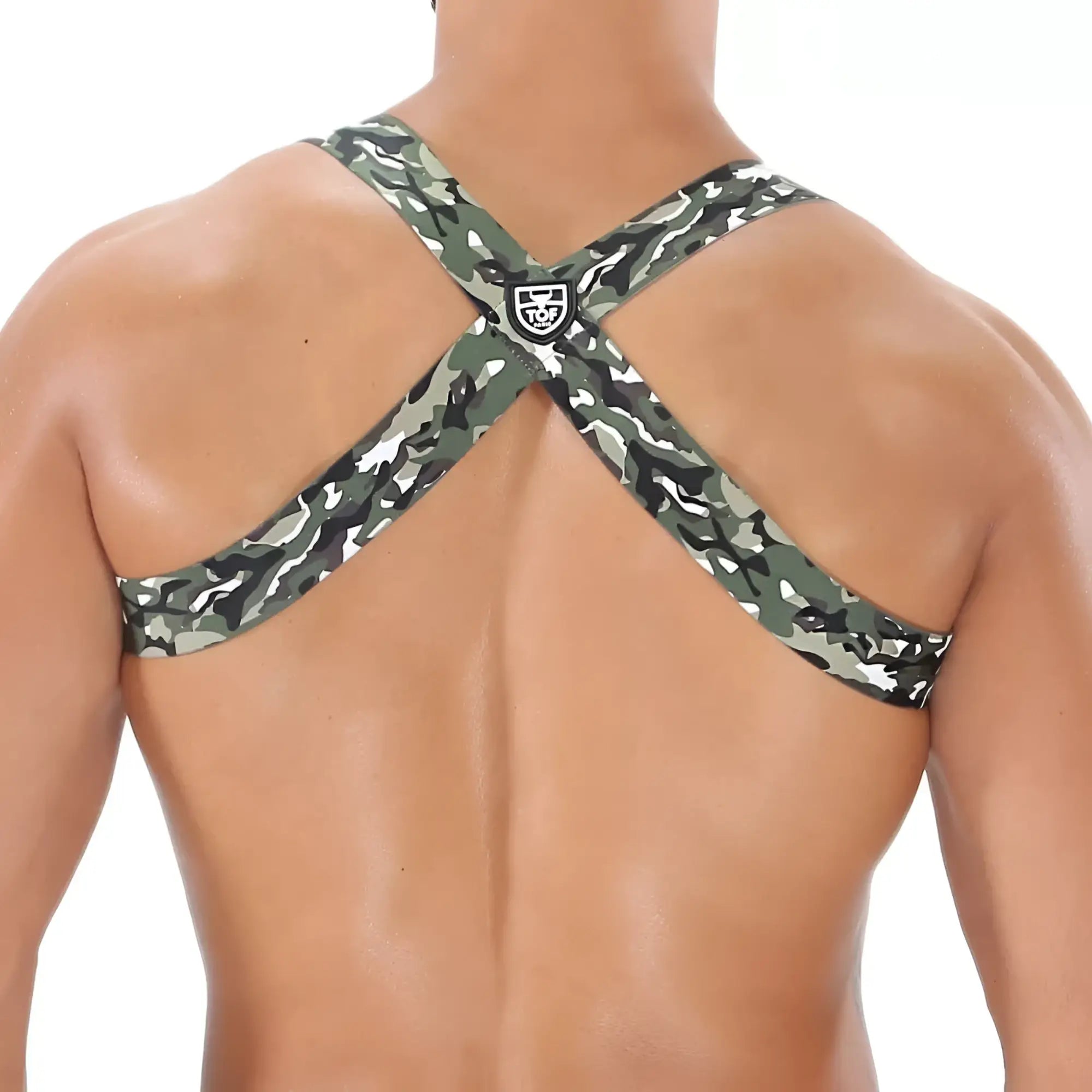 Party boy harness camouflage cross-back strap garment with black logo emblem at the center front