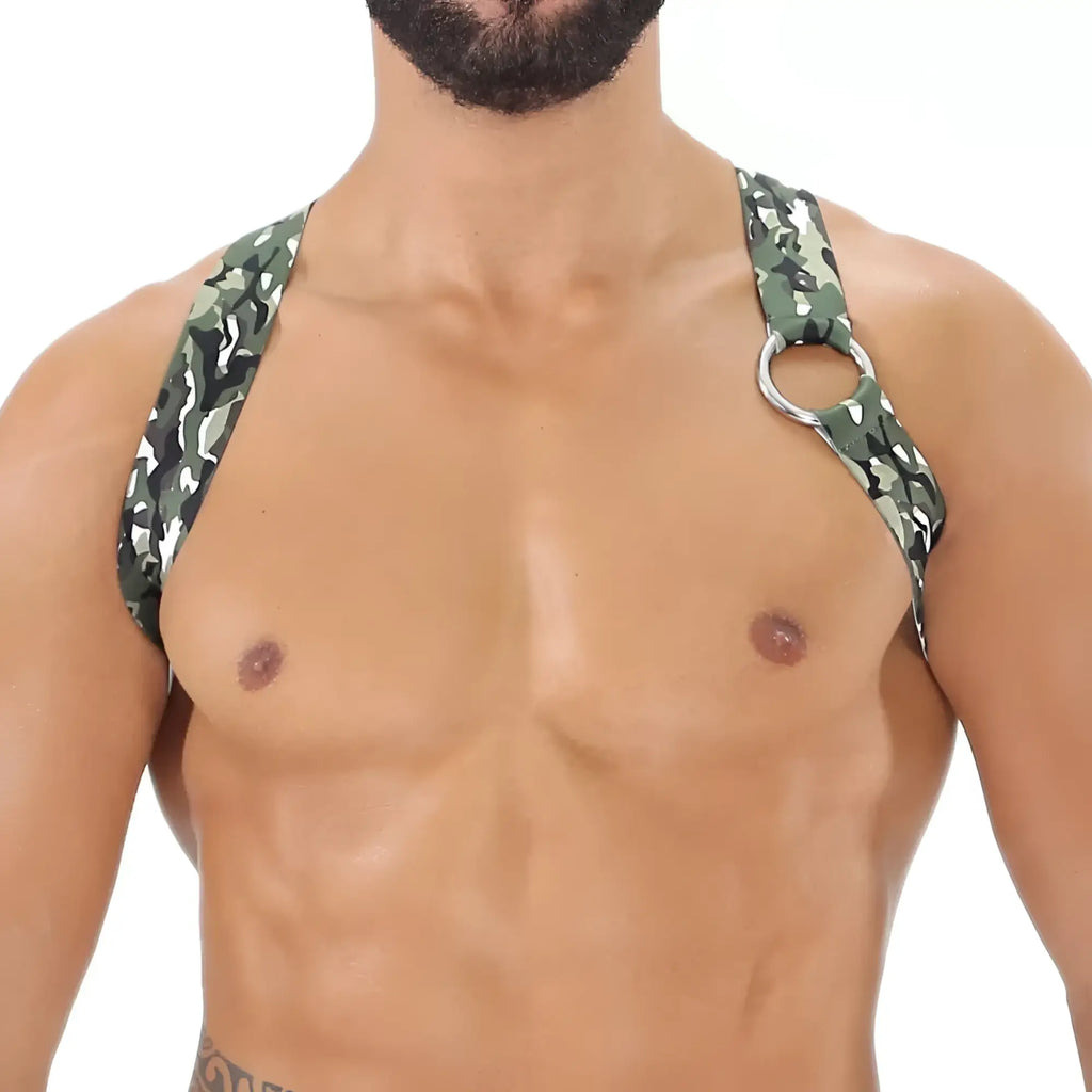 Party boy harness with green and black camouflage shoulder straps and silver metal ring for adjustable fit