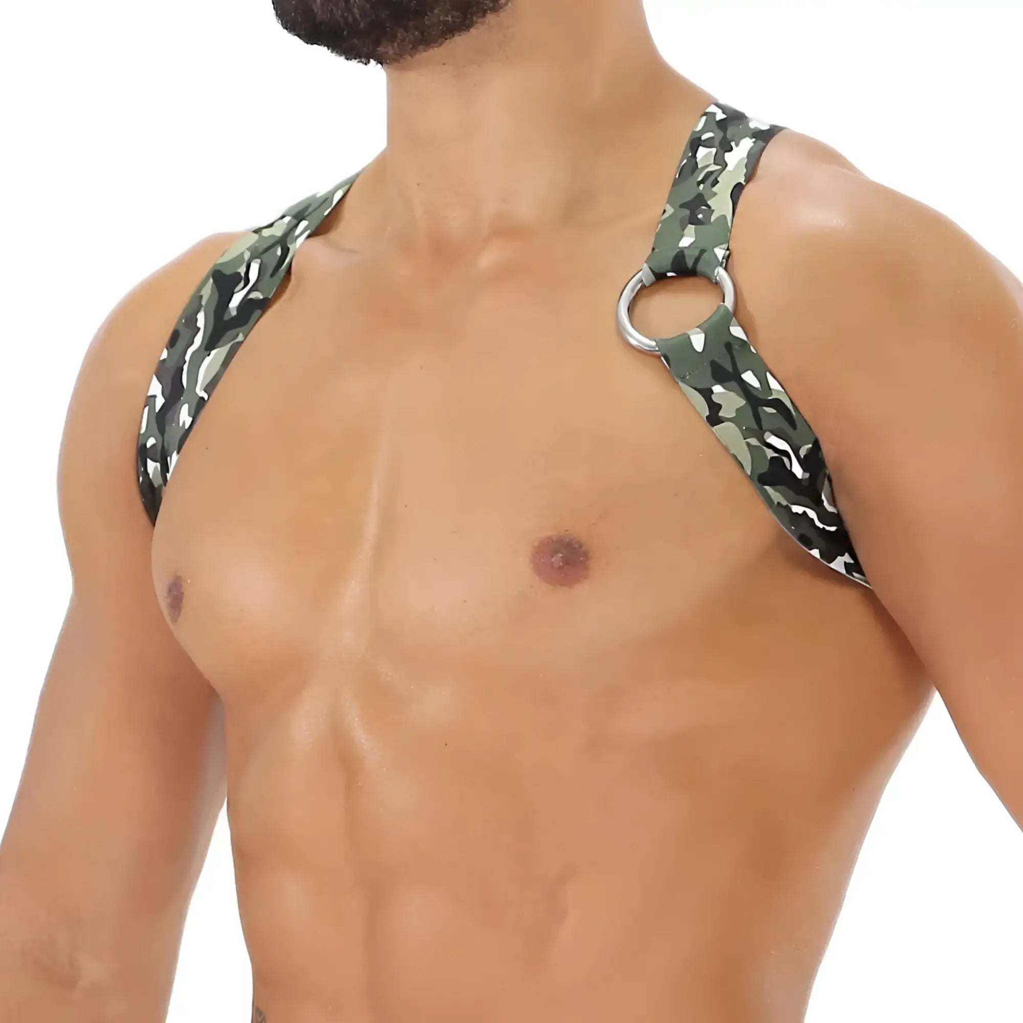 Party boy harness with green and black camouflage shoulder straps and silver metal ring for secure fit