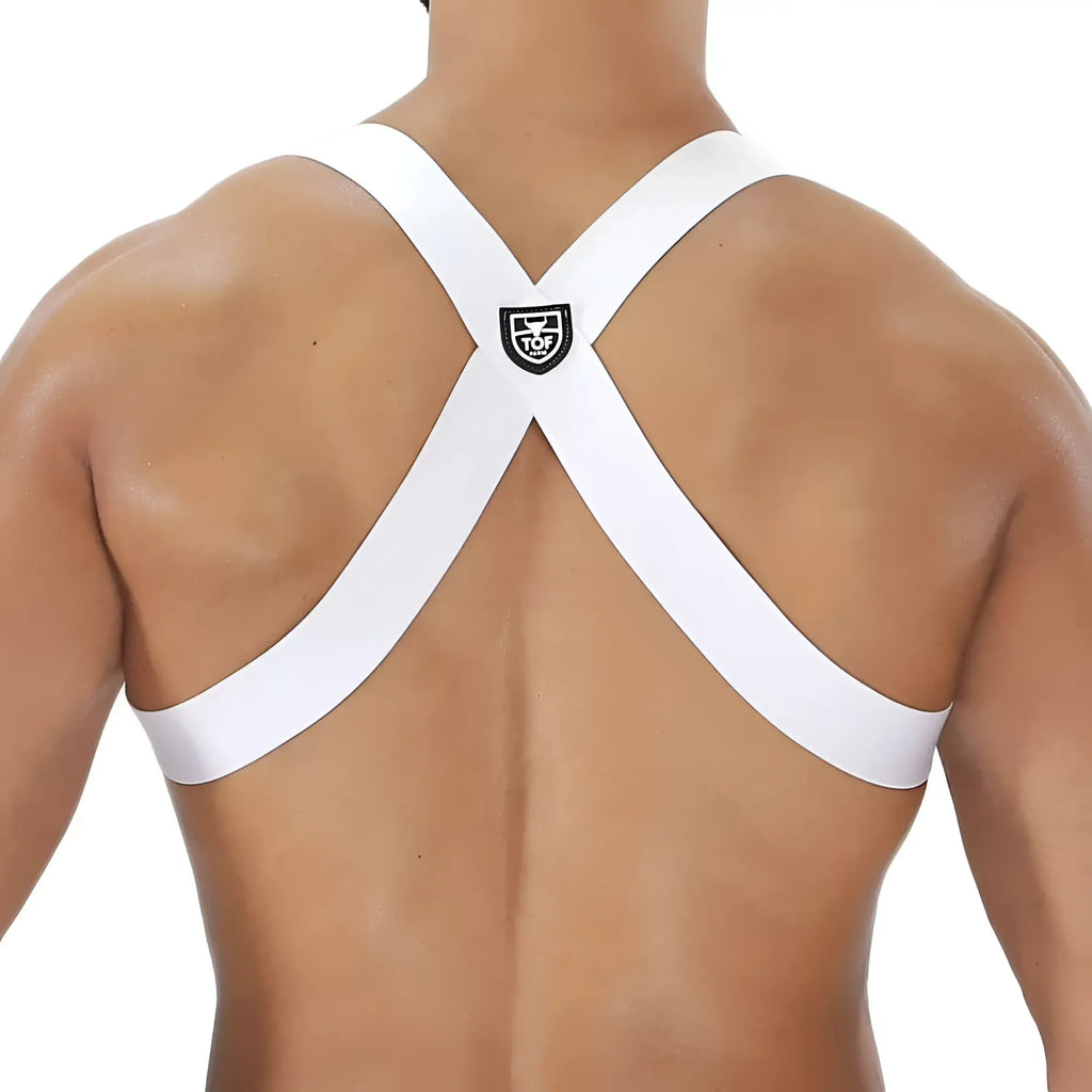 White cross-back athletic support strap with black shield logo at center part of party boy harness back view