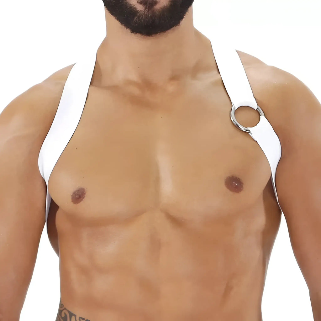 White leather party boy harness featuring silver metal ring detail for edgy fashion or clubwear use