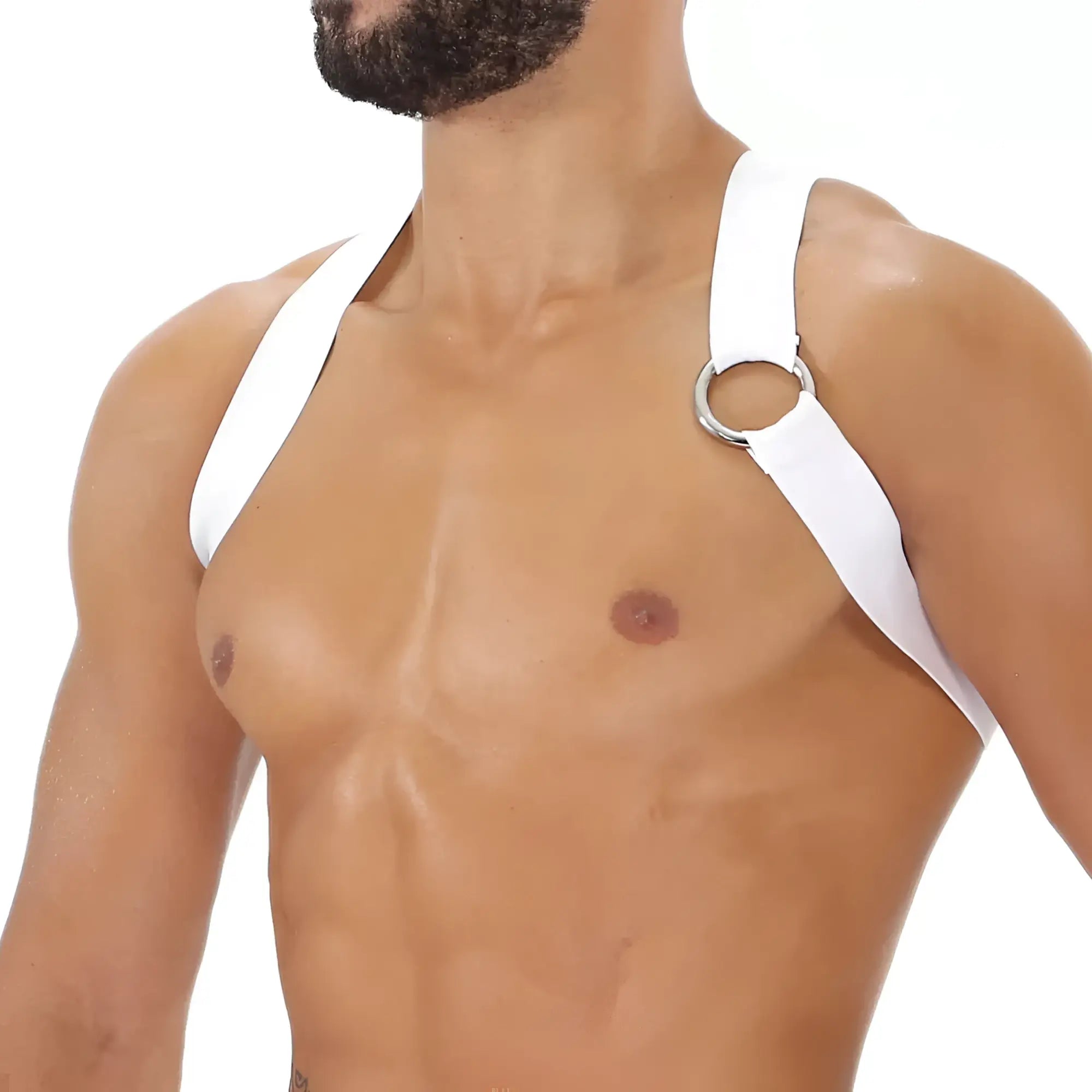 Party boy harness white leather harness with silver metal ring detail for stylish and bold wear