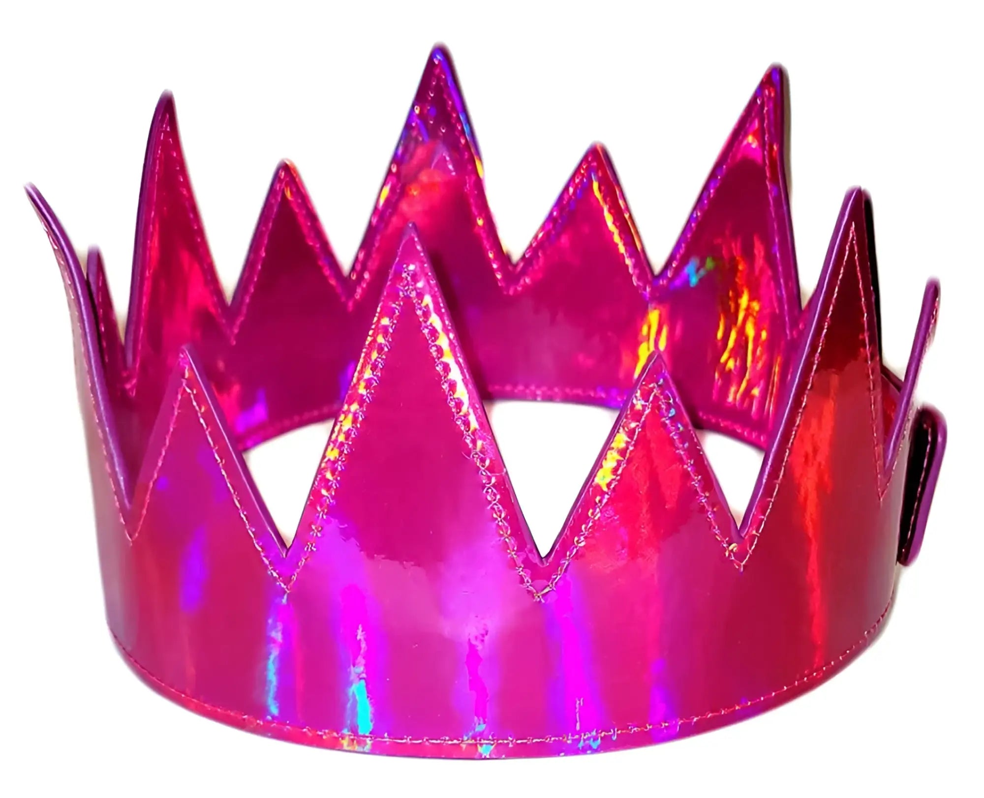 Party crown featuring a shiny holographic pink finish with glossy material and stitched edges