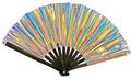 Iridescent holographic party fan with black handle and skeleton design for festive occasions