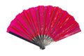 Vibrant pink translucent plastic party fan with a black handle and metallic silver bone-like ribs