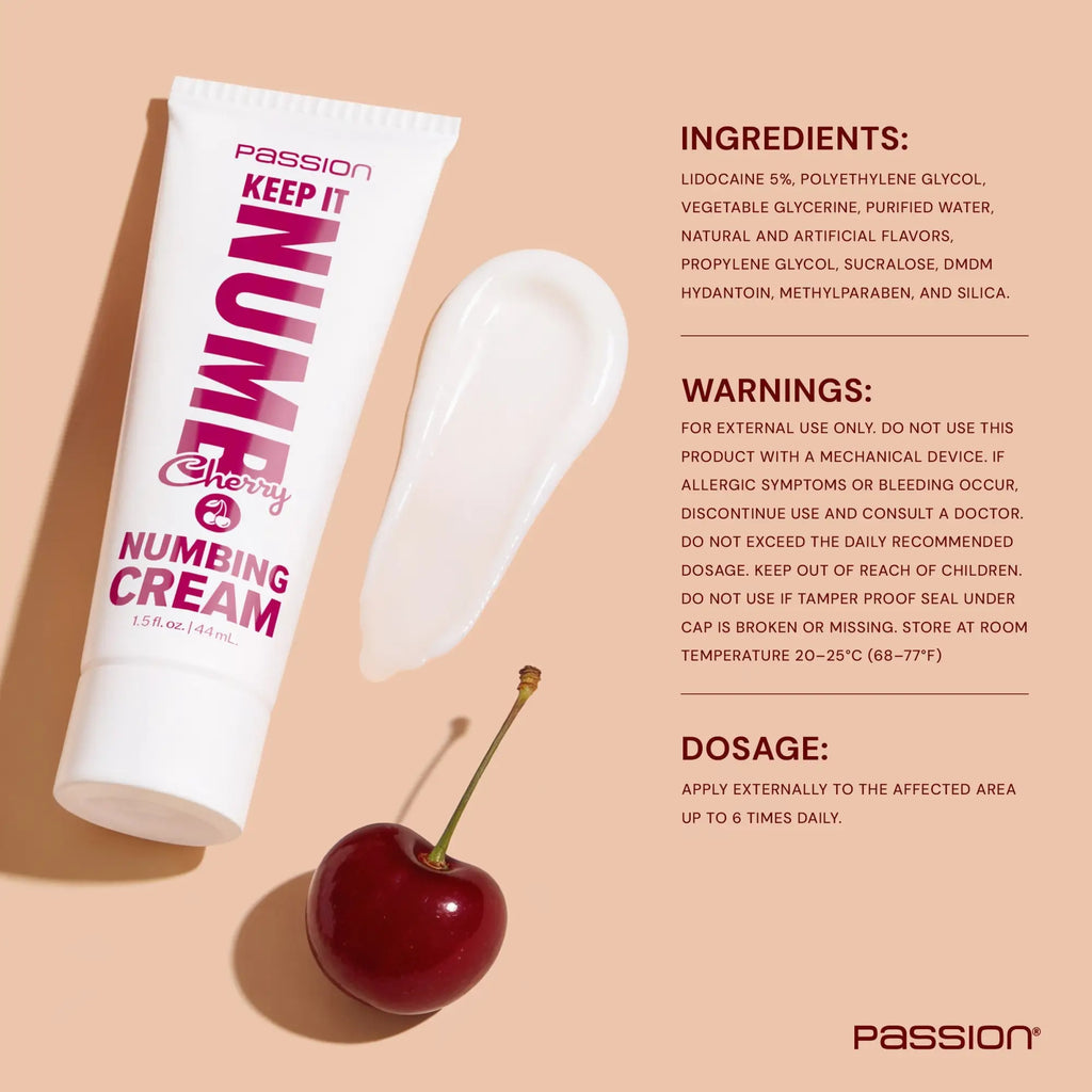 Passion Keep It Numb 1.5oz cherry-flavored numbing cream tube with a cream swatch and a fresh cherry on a tan background.