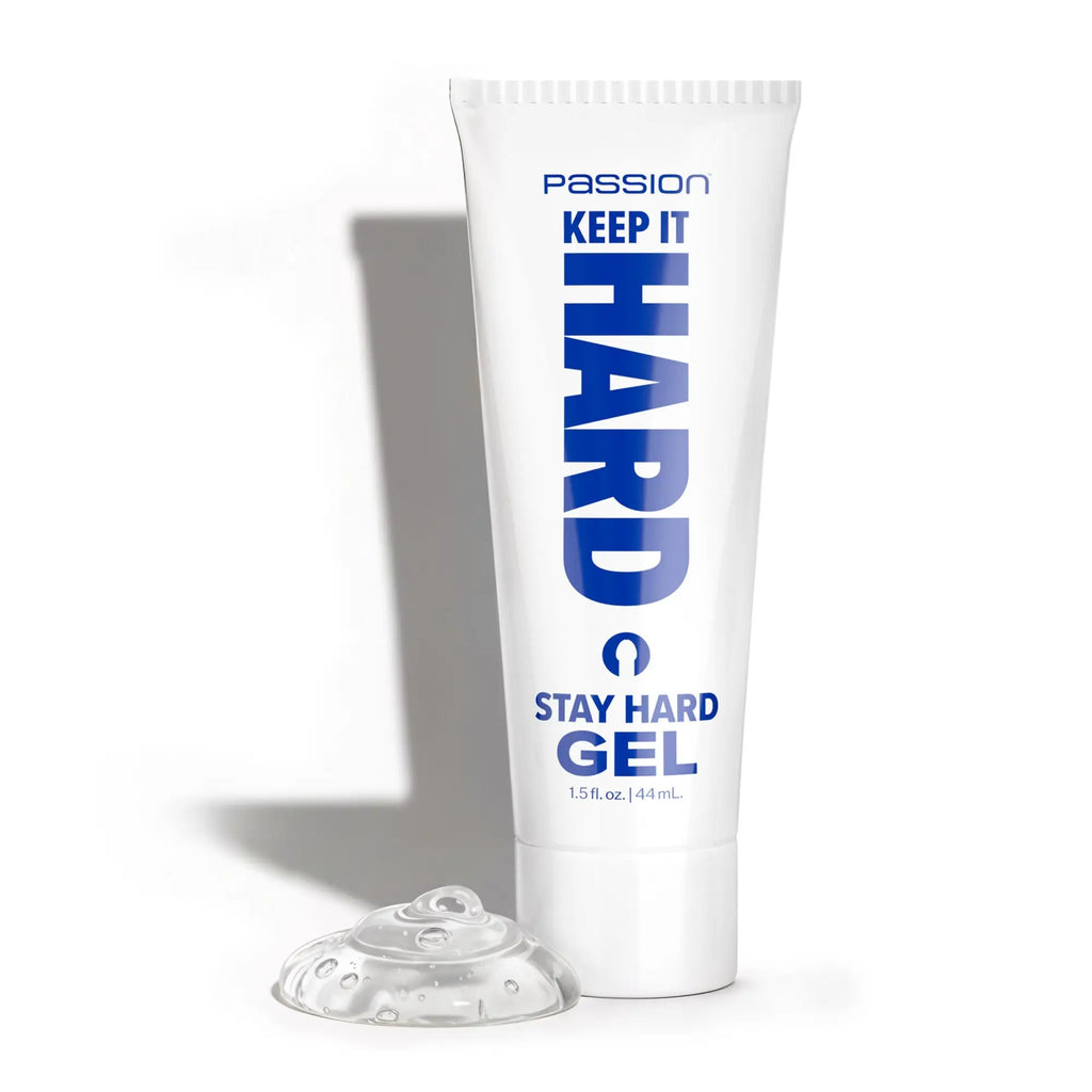 Passion Keep It Hard Stay Hard Gel 1.5oz tube with blue text on white packaging and a dollop of clear gel.