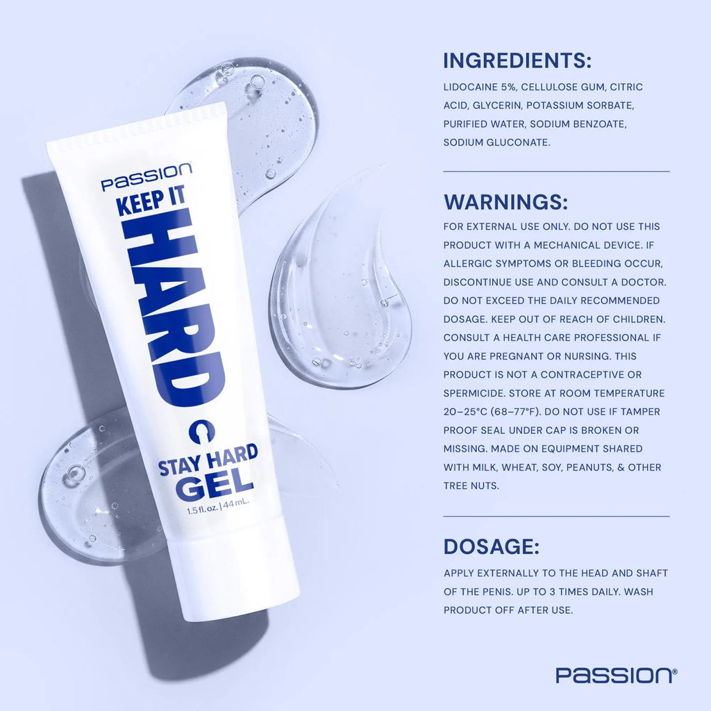 Passion 1.5oz Keep It Hard Stay Hard Gel in a white tube with blue text, shown next to gel swatches and product info.